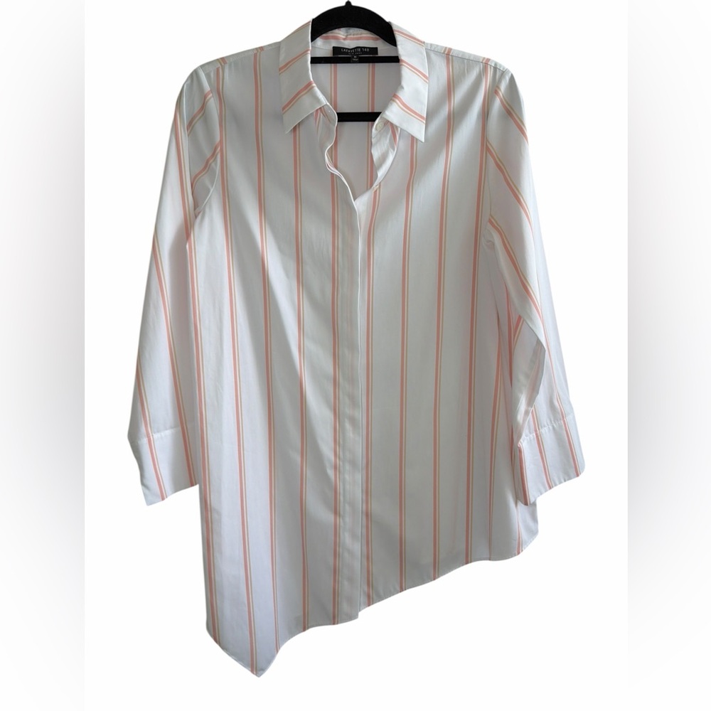 Lafayette 148 White Peach Striped Button Up Shirt Asymmetrical Hem Size M - Picture 14 of 16